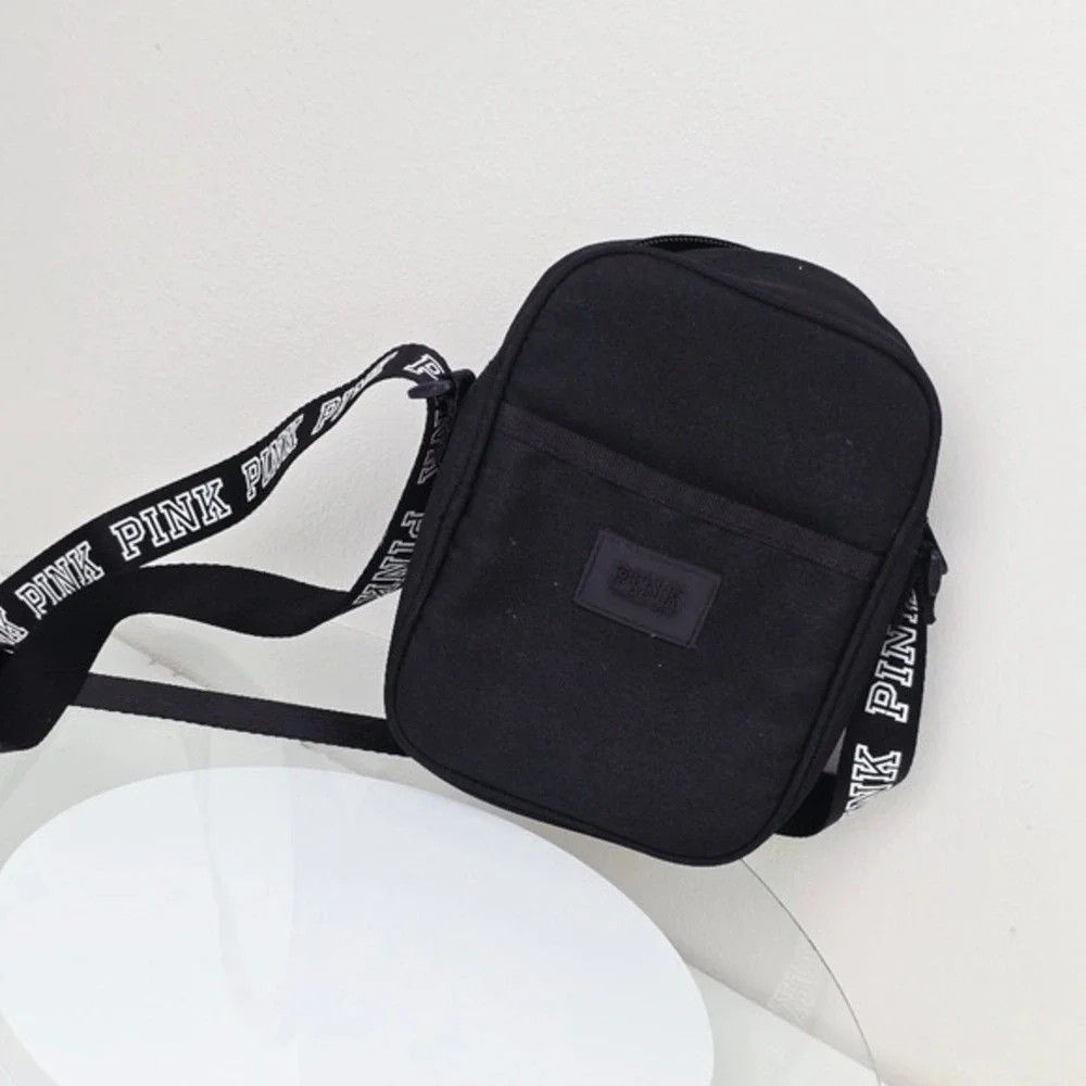 PINK Victoria's Secret Crossbody Bag OS Black Canvas Logo Strap Sporty Festival